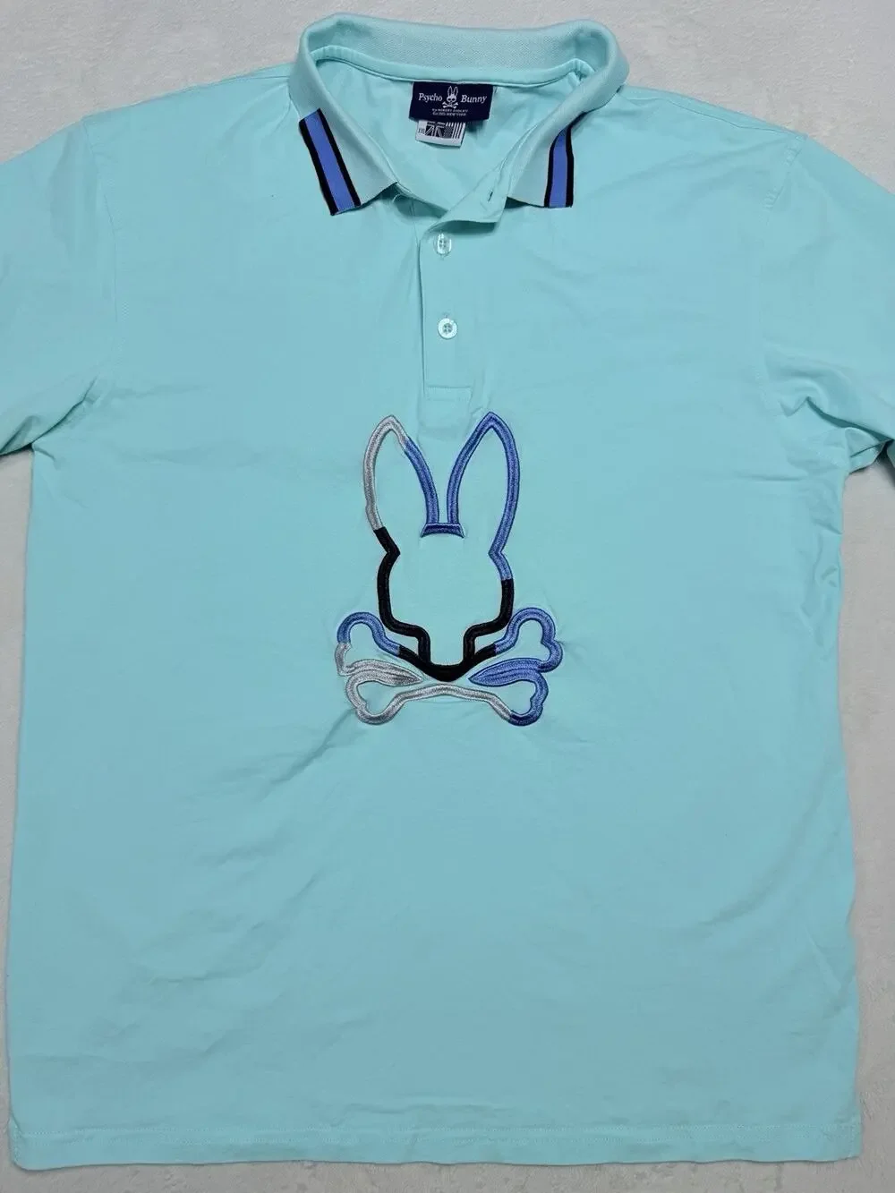 Rare Psycho Big Bunny Logo Polo Shirt XXL Mens Aqua Mint Blue 100% Cotton - Picture 1 of 13